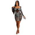 C6700 cross-border   fashion women's solid color mesh rhinestone long sleeve mini dress