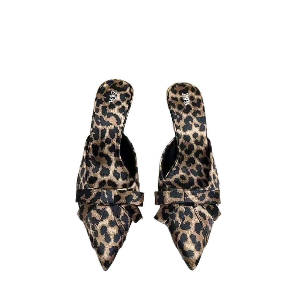 Za's 2025 new women's leopard print mules: summer outdoor wear, bow accent, pointed toe, stiletto heel, high heel mules