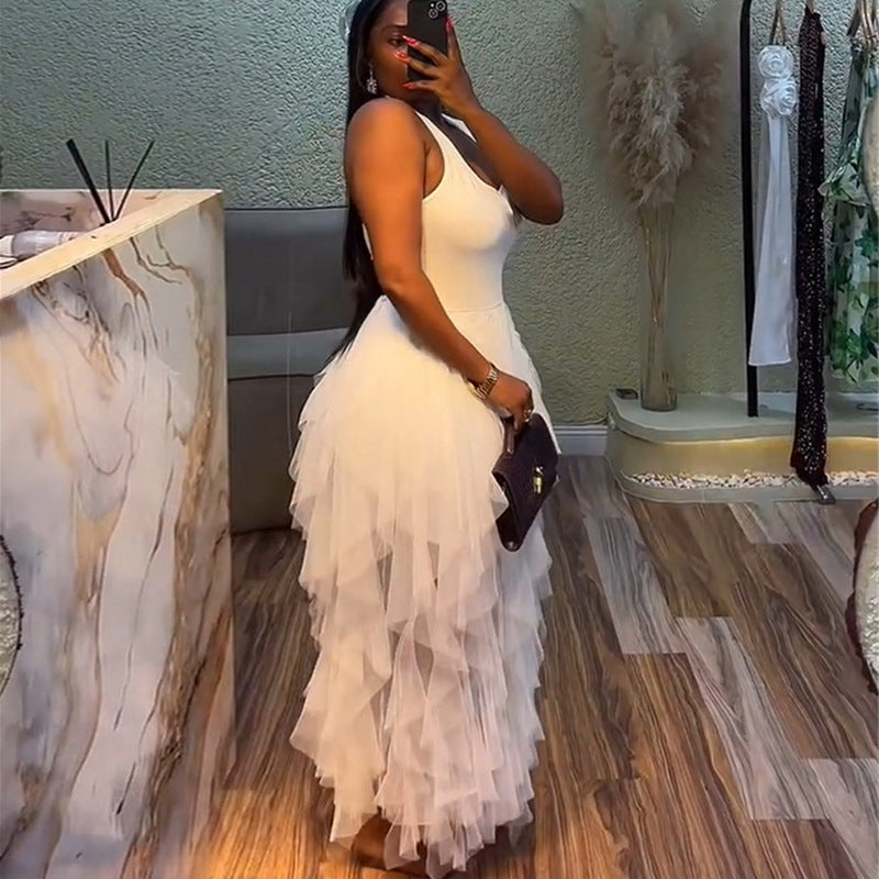 European and american cross-border women's fashion  summer new arrival: elegant halter white high-waisted mesh irregular dress