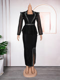 Fashion cross-border foreign trade mesh hot diamond elegant professional women's clothing plus size  african fake two-piece set dress