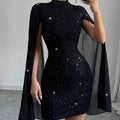 cross-border fashion: european & american style -  &  - ribbed pearl chiffon cape dress with bodycon fit
