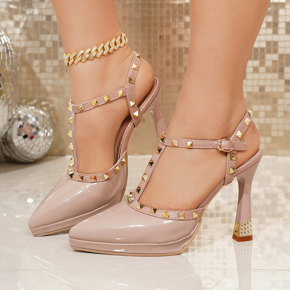 2026 summer new arrival: rivet-embellished platform heels - women's solid color chunky heel pointed toe sexy & chic sandals