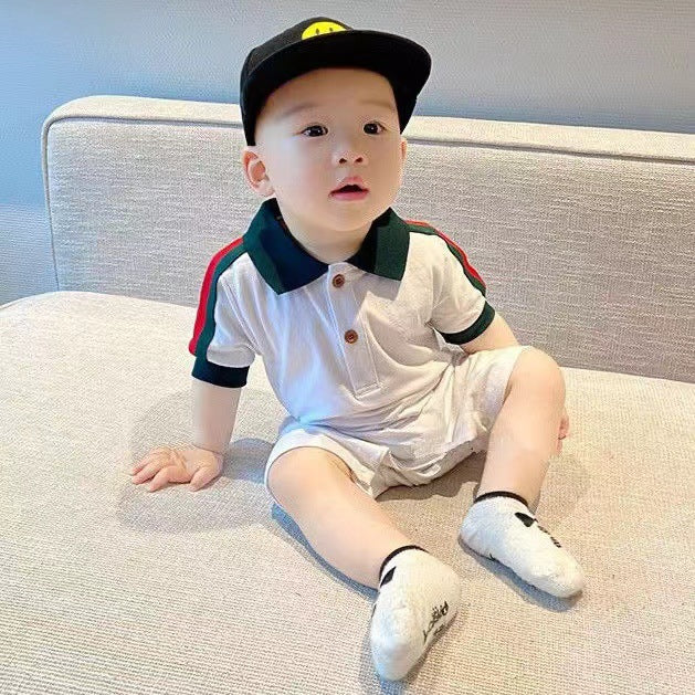 Newborn baby boy romper - short sleeve, lightweight summer style, infant triangle bodysuit, trendy & stylish outfit for outdoor wear