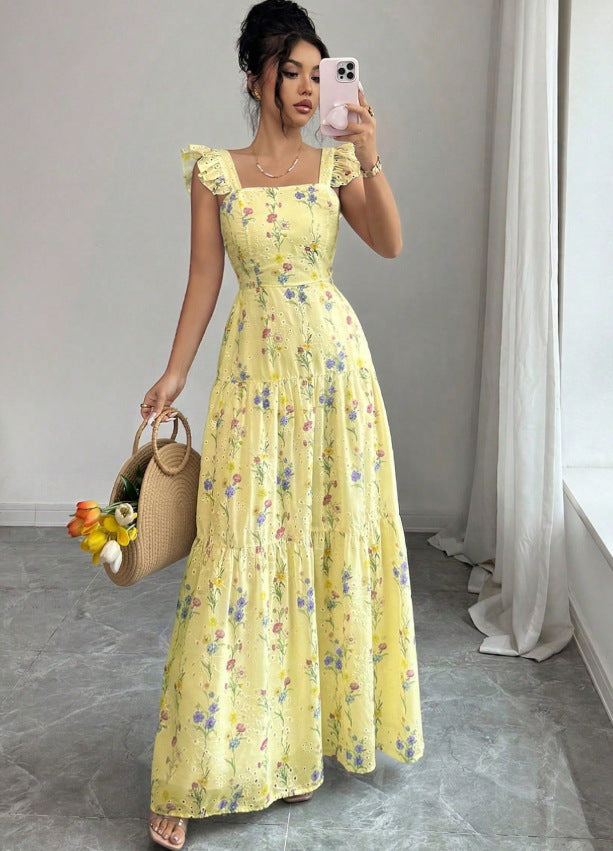 european and american cross-border summer new sweet floral print french style halter neck bodycon dress