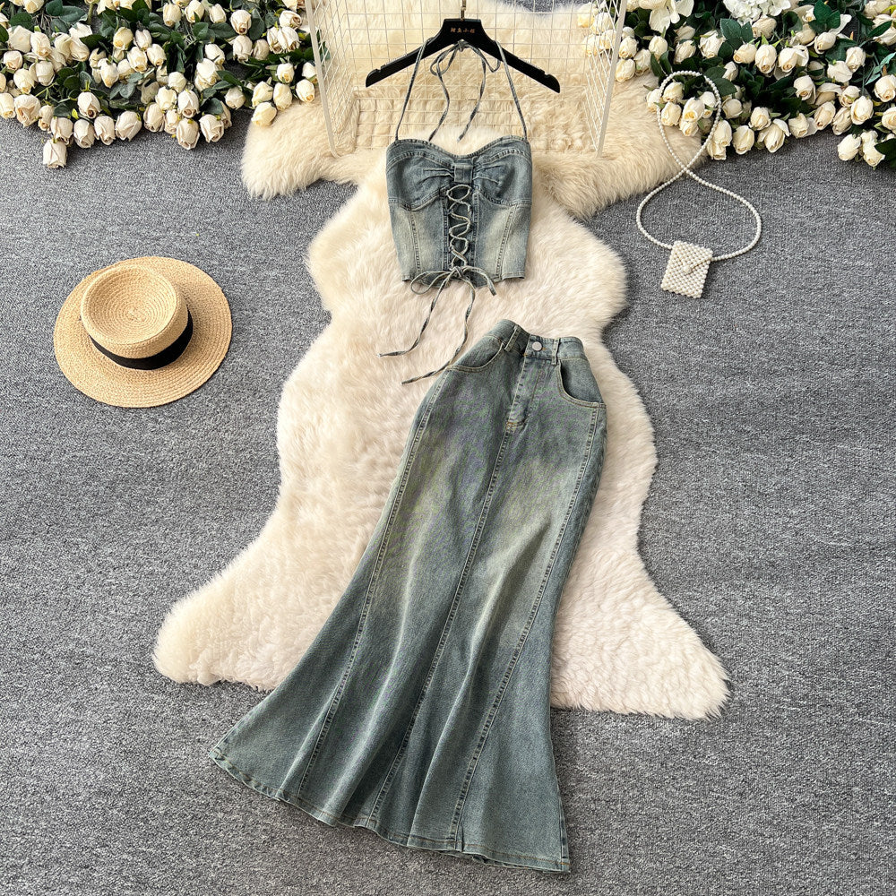 American retro hot girl halter tie-up cropped denim vest + high-waisted slimming fishtail midi skirt two-piece set