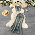 American retro hot girl halter tie-up cropped denim vest + high-waisted slimming fishtail midi skirt two-piece set