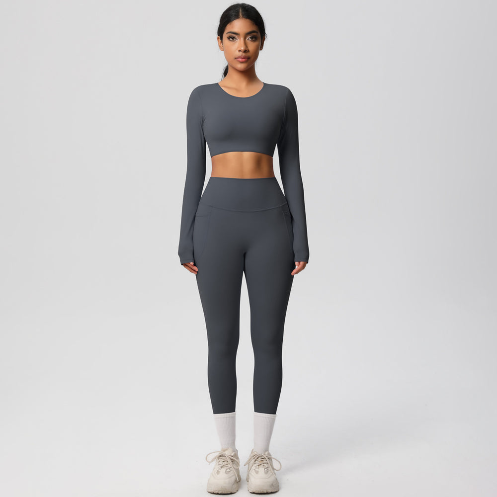 nude feeling tight high waistflap pocket pants crop toplong sleevestops yoga clothes quick-drying running sports fitness suit