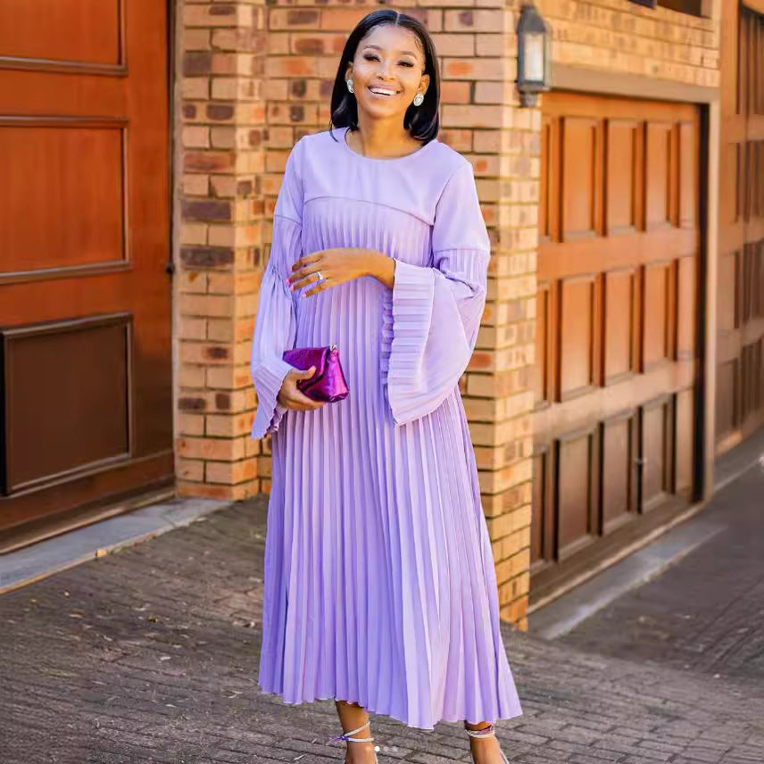 European and american cross-border women's fashion:  autumn new collection - ruffled, pleated, flared sleeve, a-line pleated dress
