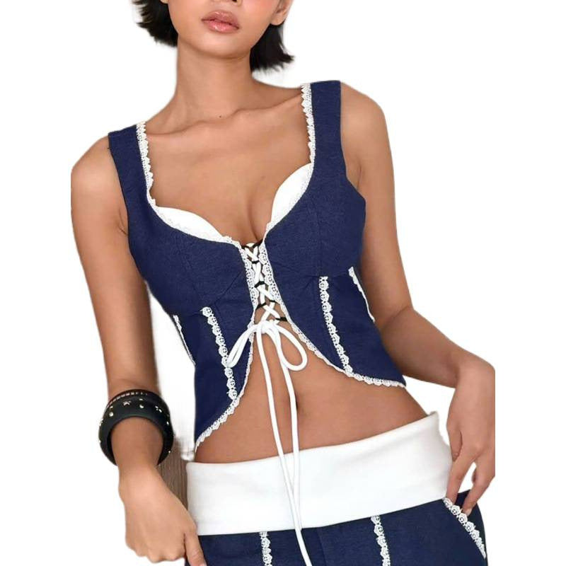Amazon women's clothing  summer new american hot girl backless lace trim tie-up sleeveless crop top