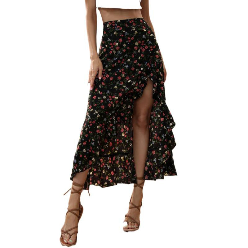 Women's floral high-waisted midi skirt with asymmetrical ruffle hem and slit – perfect for spring/summer vacation and casual wear