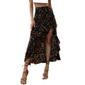 Women's floral high-waisted midi skirt with asymmetrical ruffle hem and slit – perfect for spring/summer vacation and casual wear