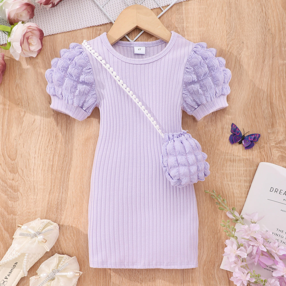 Kids' lightweight bubble sleeve short-sleeve crew neck solid color dress with bubble detail