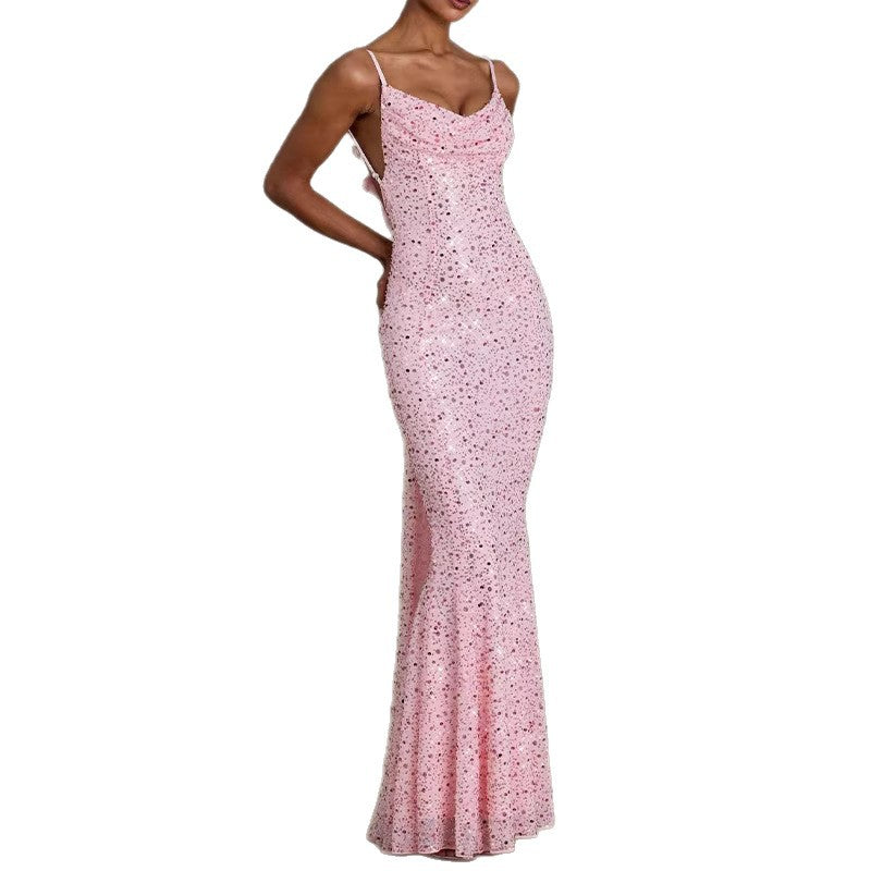 european and american cross-border celebrity style sequin beaded tube top mermaid dress evening party backless slim fit maxi dress