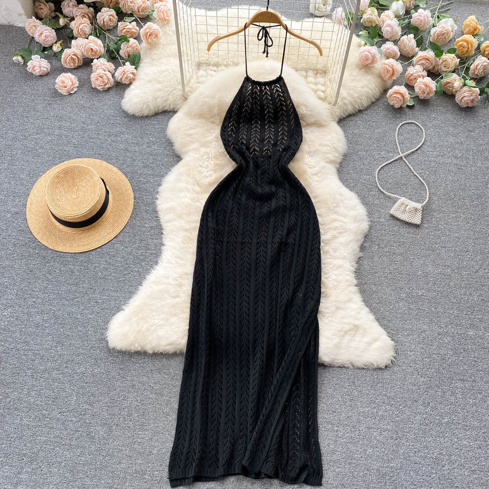 Niche style design classyeleganthalter sleeveless cut outknittingdress women's silm slit vacation dress