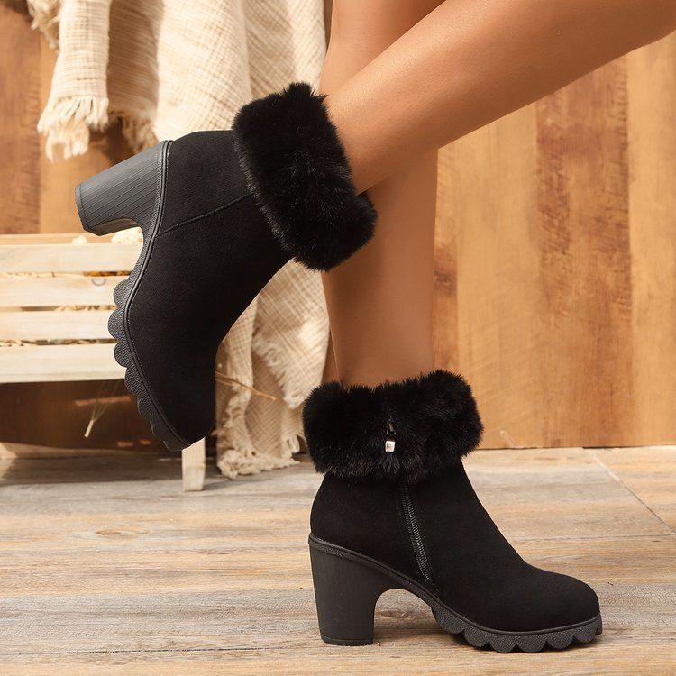 New arrivalbootsshortfall and winter fur women's boots side zipper high heel fashion boots cross-border plus sizeheattech cotton boots for women