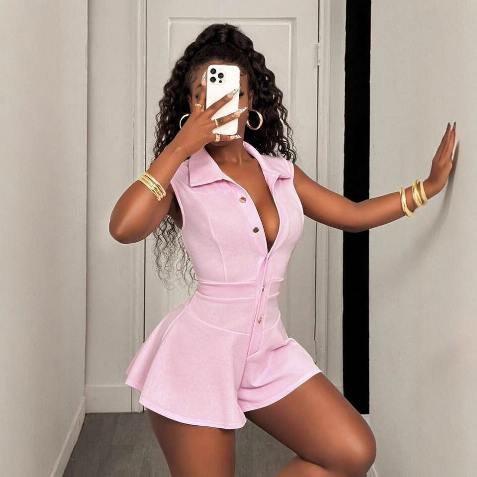 European and American new  fashion temperament casual slim-fit solid color lapel waist shorts cardigan jumpsuit jumpsuit