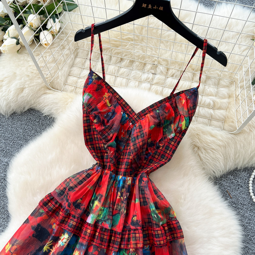Accessible luxuryretro palace style floral suspender dress women's summer slimming look waist design large swing super fairy long skirt