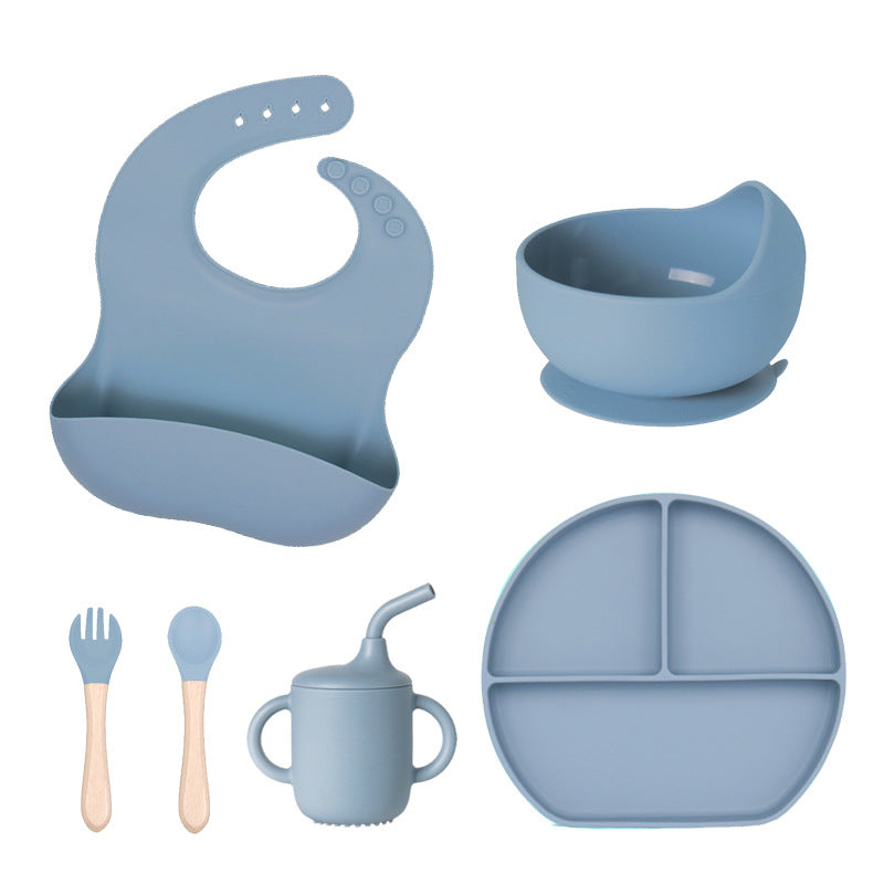 Baby silicone tableware 6-piece set Children's silicone bowl Suction cup Plate Water cup Wooden handle Fork spoon Wholesale Spot tableware