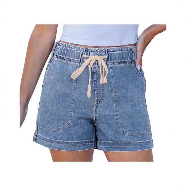 Europe, America and     elastic waist drawstring women's denim shorts, denim shorts women's