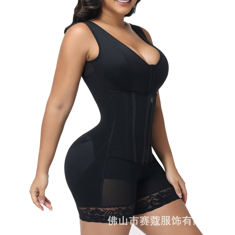 new european and american mesh 9-bone strong pressure button crotch zipper tummy control tight shapewear one-piece enhanced version