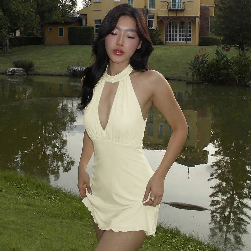 European and american women's clothing  spring new arrivals: sexy halter neck button-down low-cut backless cutout halter ruffle hem dress wholesale