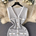 Elegant chanel-inspired striped dress - women's summer high-end fashion casual long knit vest dress