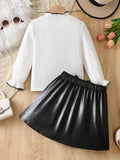 girlsuitwhiteknittingtops flying sleeves lace leather skirt bowskids skirt two-piece set