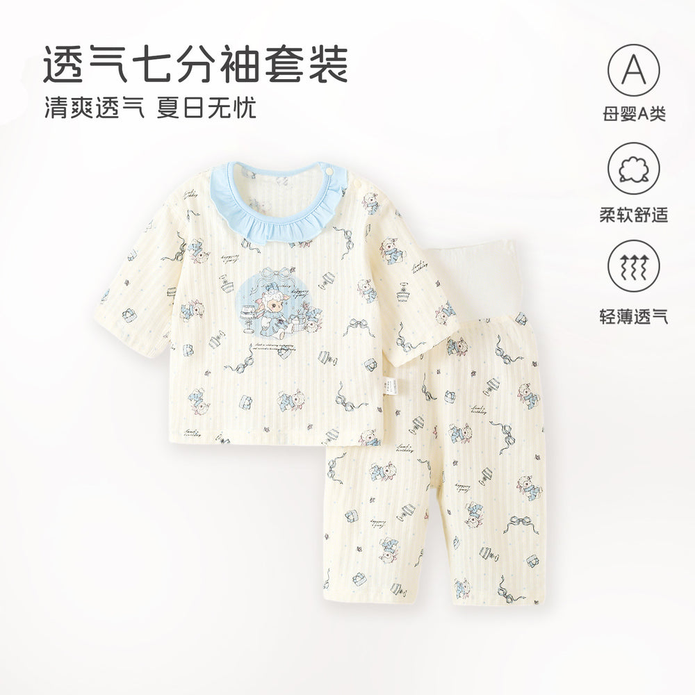 Baby pajamas pure cotton thin kids home clothes summer boys and girls three-quarter sleeves air-conditioning clothes high waistseparatessuit