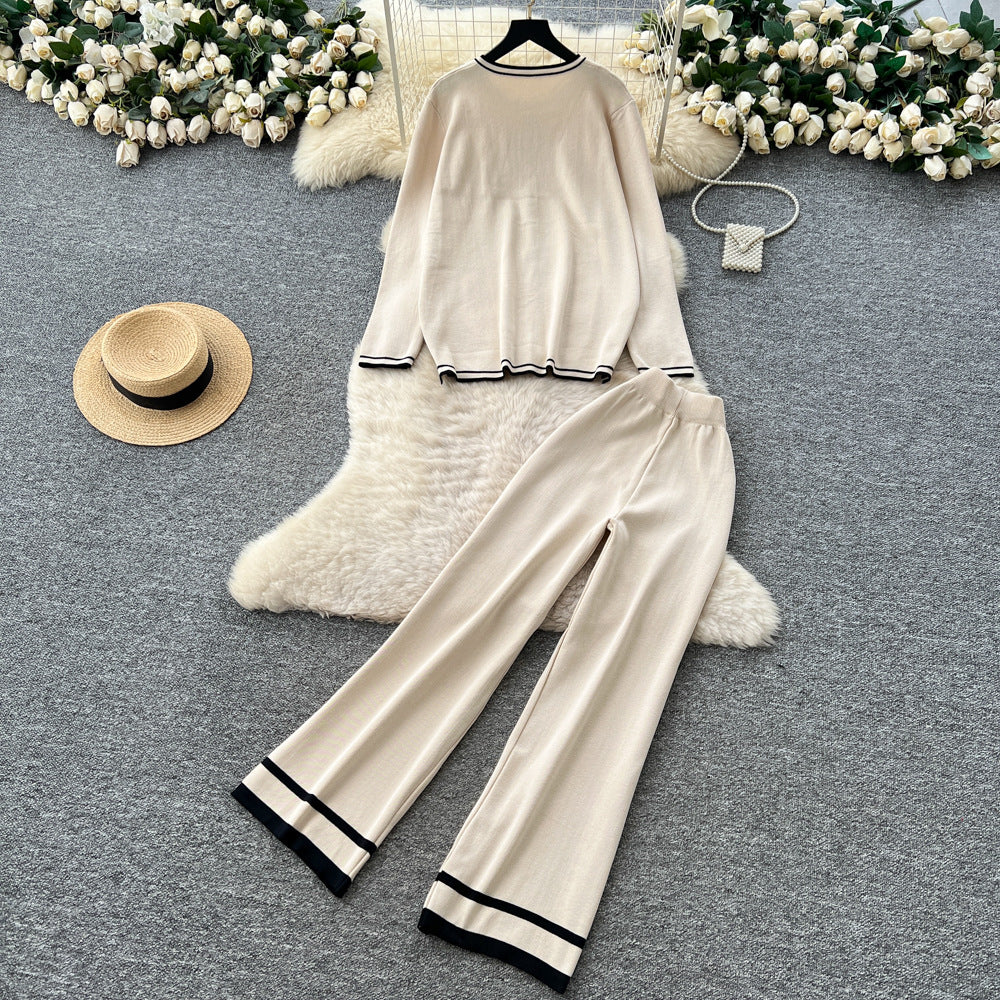 Xiaoxiangfengtwo-piece setfemalefall and winterfashioncontrast color round necklooseknittingcardigantopshigh waistloose pants