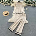 Xiaoxiangfengtwo-piece setfemalefall and winterfashioncontrast color round necklooseknittingcardigantopshigh waistloose pants
