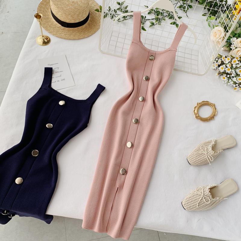 Knitted dress 2020 new summer style elegant square neck slim fit button-down sleeveless tank top slit midi dress