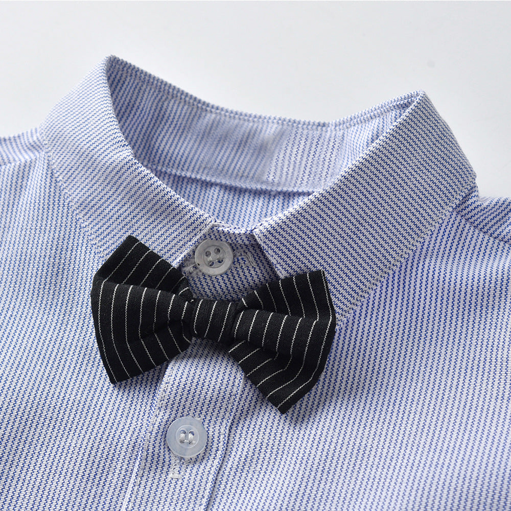 Boys' summer outfit: new striped short-sleeve shirt and suspender set with bow tie - gentleman style