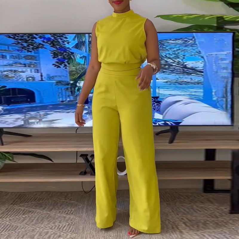 European and American  women's clothing 2025 summer new semi-turtleneck sleeveless top high waist wide leg trousers casual suit