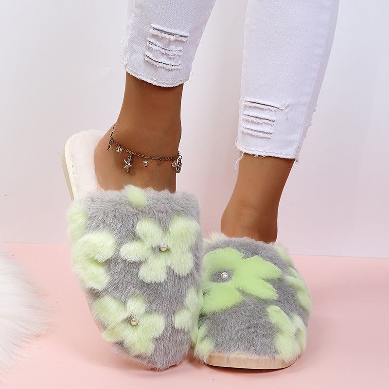 Thick solefall and winter shoes for women pearl flowers stuffedheattech fur slippers toe cap cotton slippers new arrivalin stock dropshipping