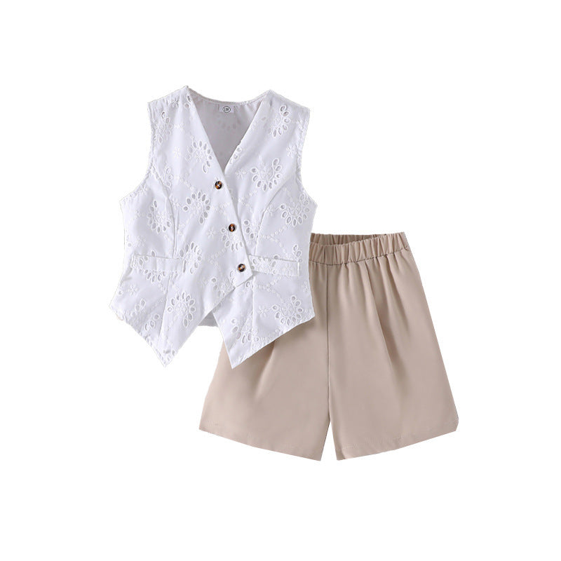 girls' outfit:  spring/summer new arrival - elegant v-neck crochet vest and casual shorts two-piece set