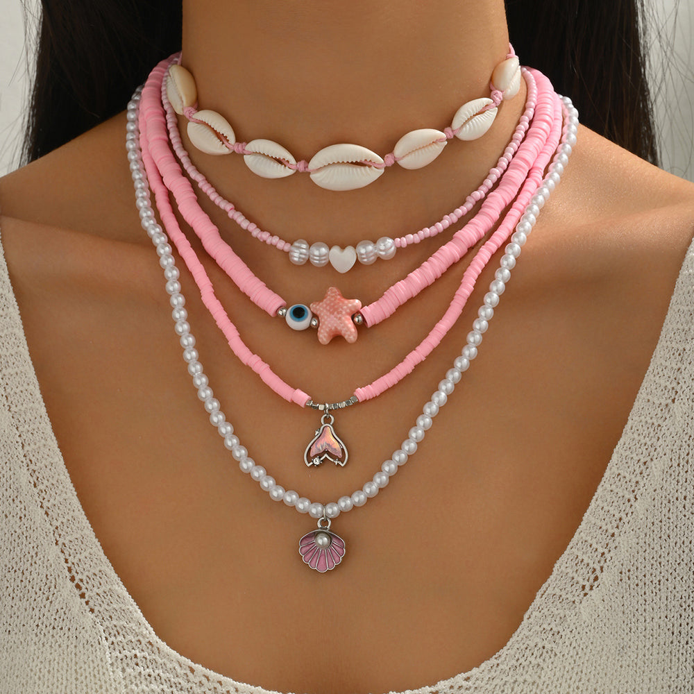 Wholesale pink shell necklace - european and american style, beach vacation vibe, fashionable beaded starfish pearl layered necklace for women