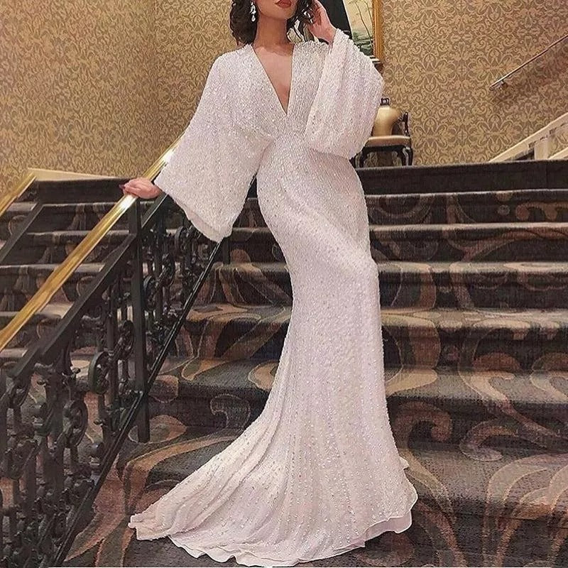 new european and american style v-neck floor-length sequin evening gown with long sleeves - mermaid tail banquet elegance