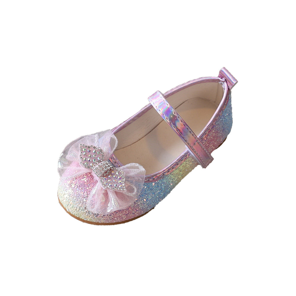 new gradient rainbow girls' princess shoes - rhinestone mesh bow soft sole flats with velcro closure