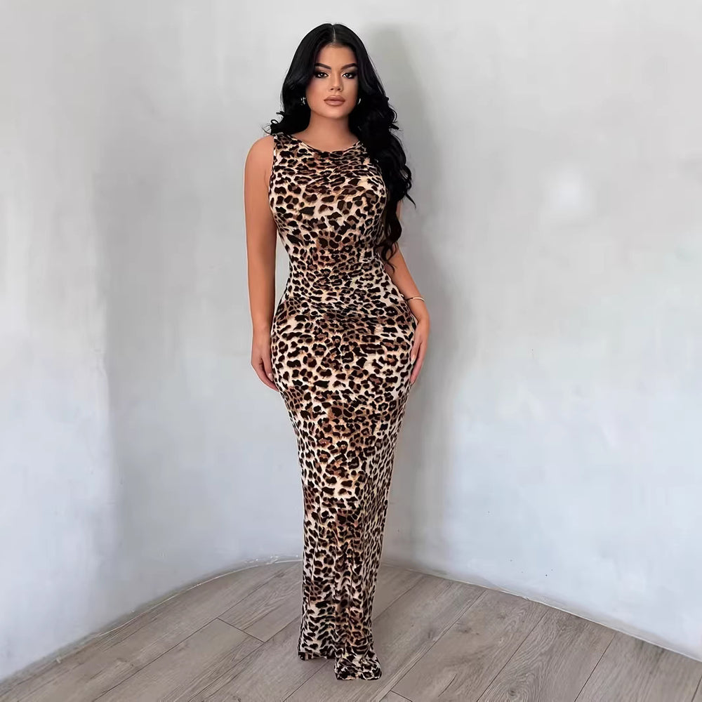 Temu women's foreign trade independent website  summer leopard print open back bodycon sleeveless dress - perfect for beach vacations