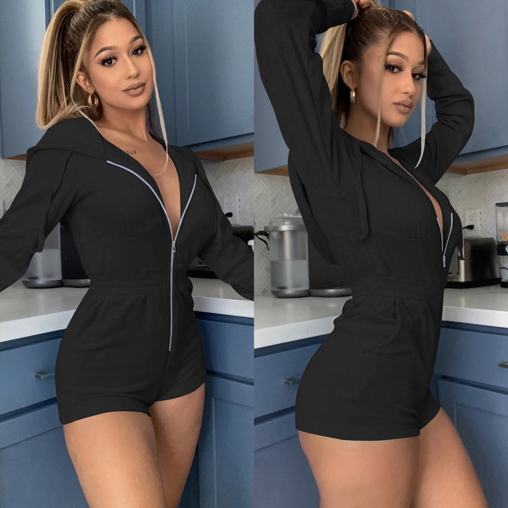 C3675 in stock    fashion women's activewear jumpsuit zip-up hooded sweatshirt