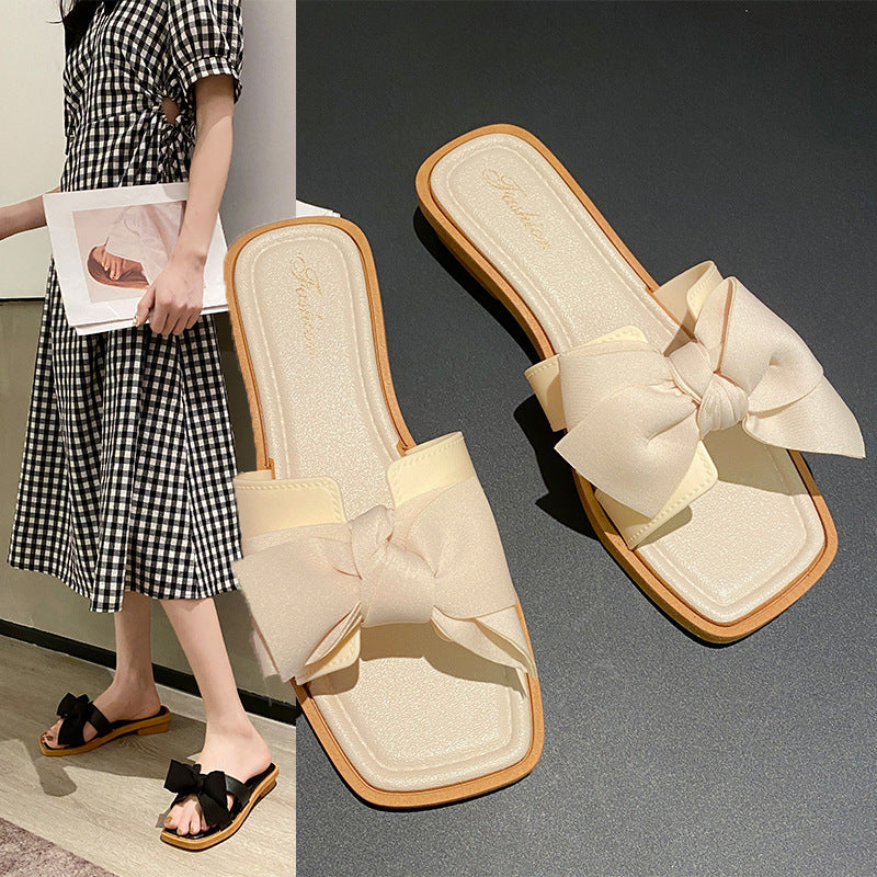 Popular square-toe bows slippers for women, summer outing, fashioneasiest for match low-heeled non-slip soft bottom outwear sandals