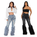 new european and american  cross-border  fashion casual denim jeans with beaded long fringe detail for women