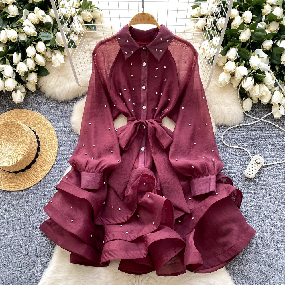 Frenchclassy heavy industry diamond-encrusted rufflesdress women's spring dress with straps and waist elegant lace fluffy dress