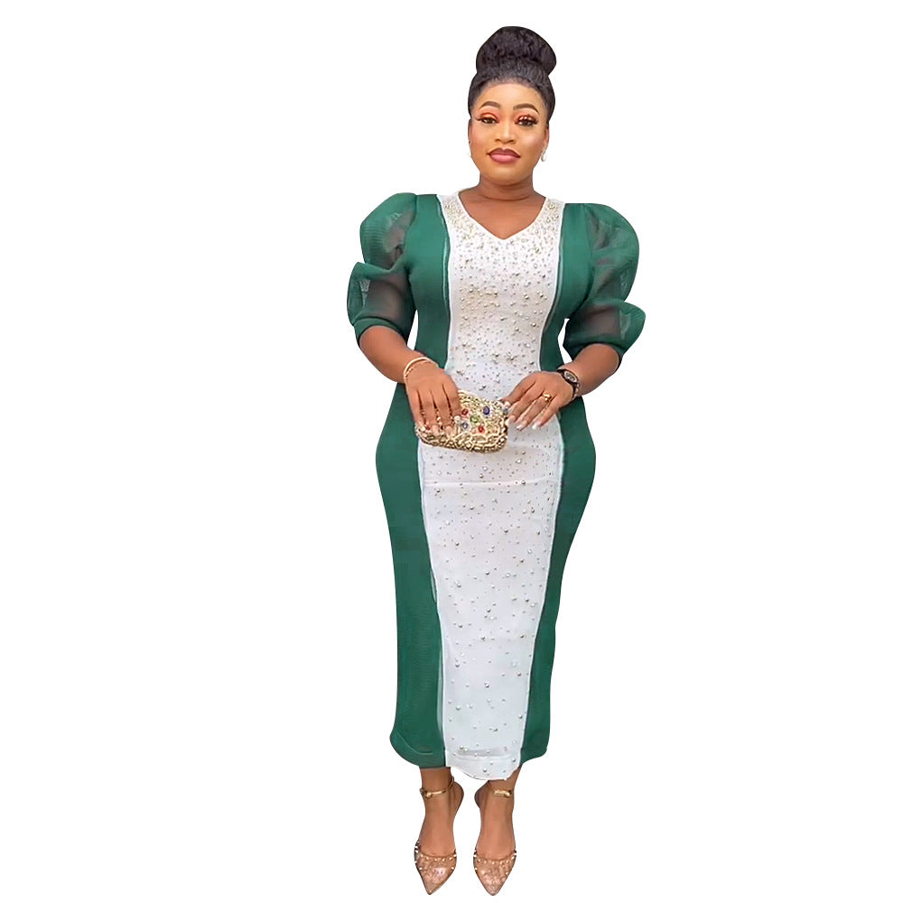 heavy industry hotfix rhinestone color block patchwork dress - african plus size women's elegant commute dress