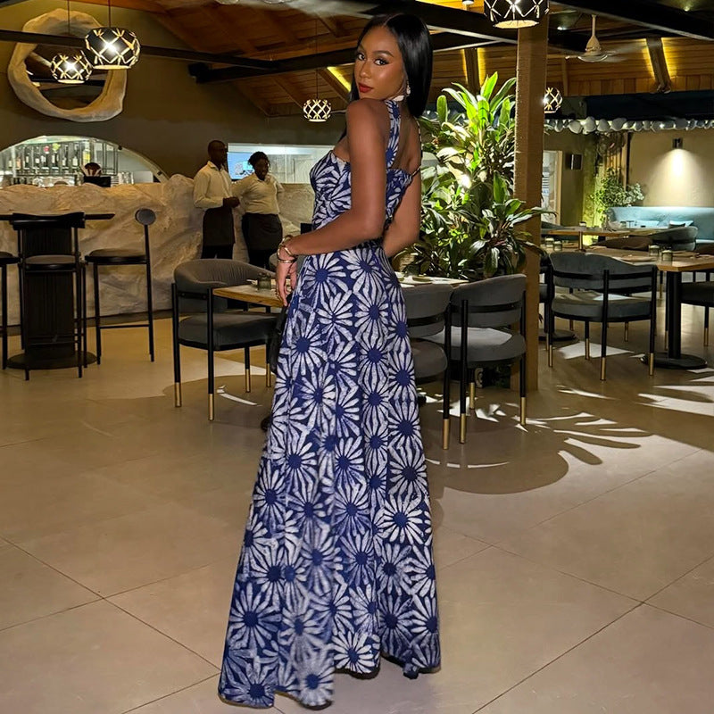 European and american style ins cross-border outdoor elegant women's tube top one-line collar slim a-line skirt printed casual long dress