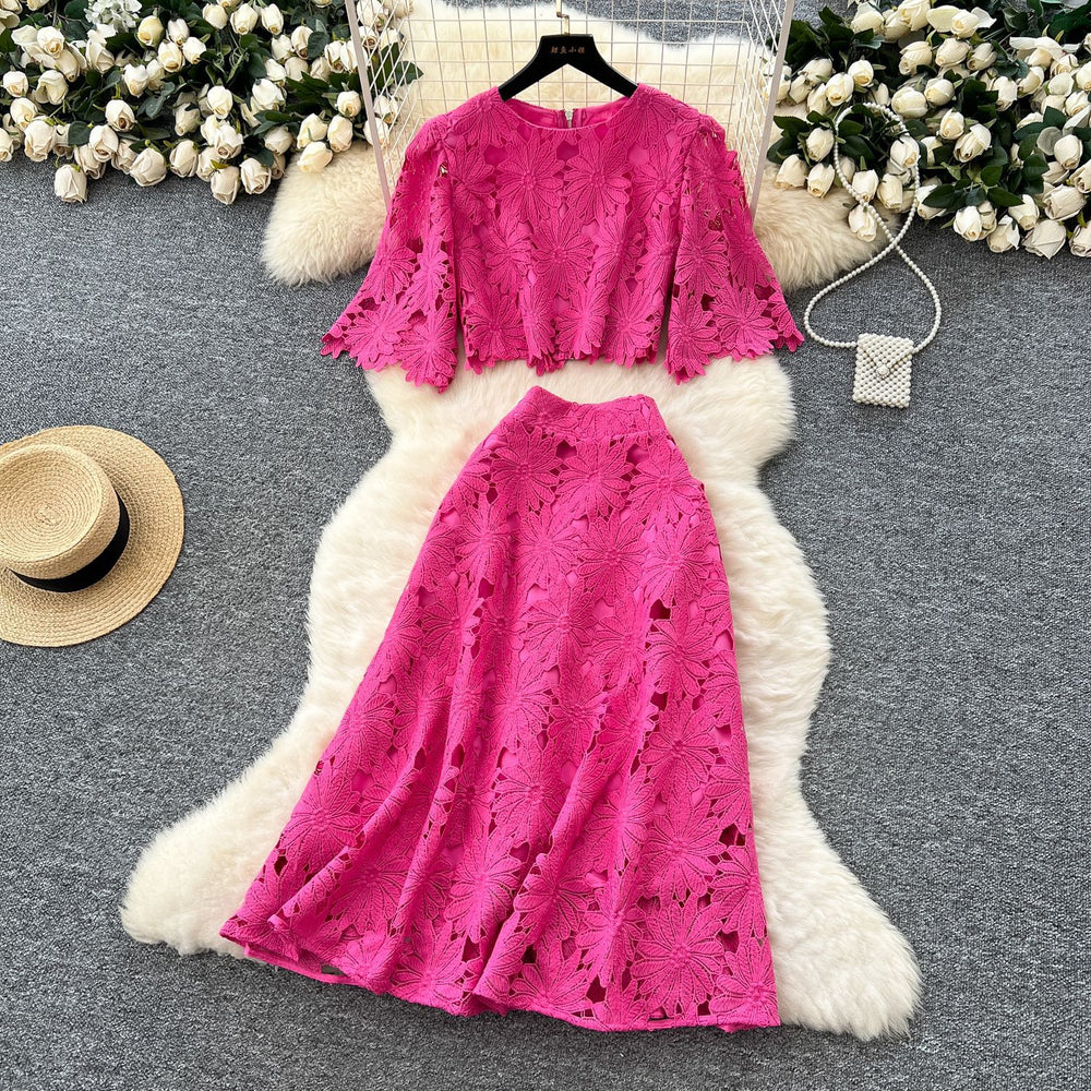 Frenchclassy sense cut out crochet lacesuit women's summerfashionshort bell sleeve shirt high waist skirt