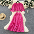 Frenchclassy sense cut out crochet lacesuit women's summerfashionshort bell sleeve shirt high waist skirt