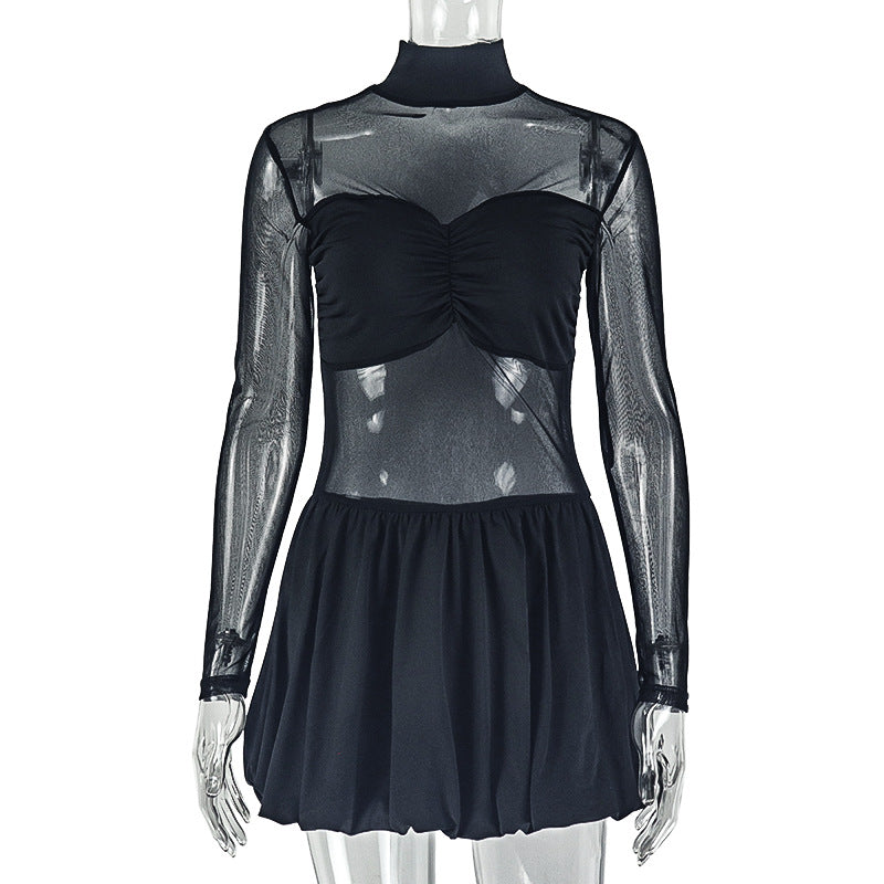 European and american style ins cross-border women's clothing pleated fashion slightly see-through stylish a-line skirt pure color stand collar long sleevesshortdress