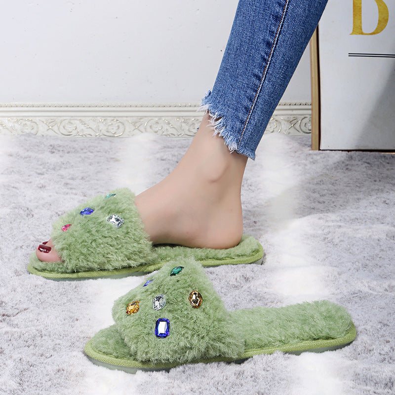 Exportplus size fur slippers 24 years fashion rhinestone women's slippers independent station fur slippers in stock wholesale