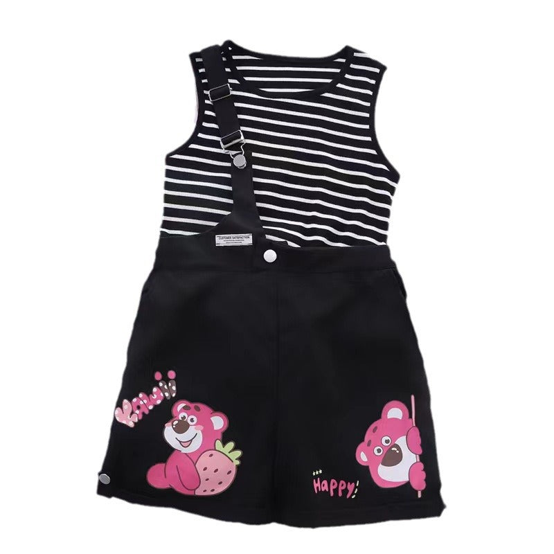Summer girls' two-piece outfit: striped tank top with one-shoulder straps and shorts, featuring cartoon print, fashionable kuromi korean style
